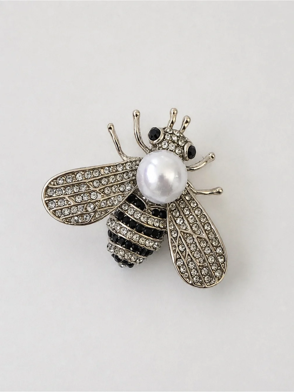 Elegant Pearl & Crystal Bee Brooch - Silver Tone, Black & White